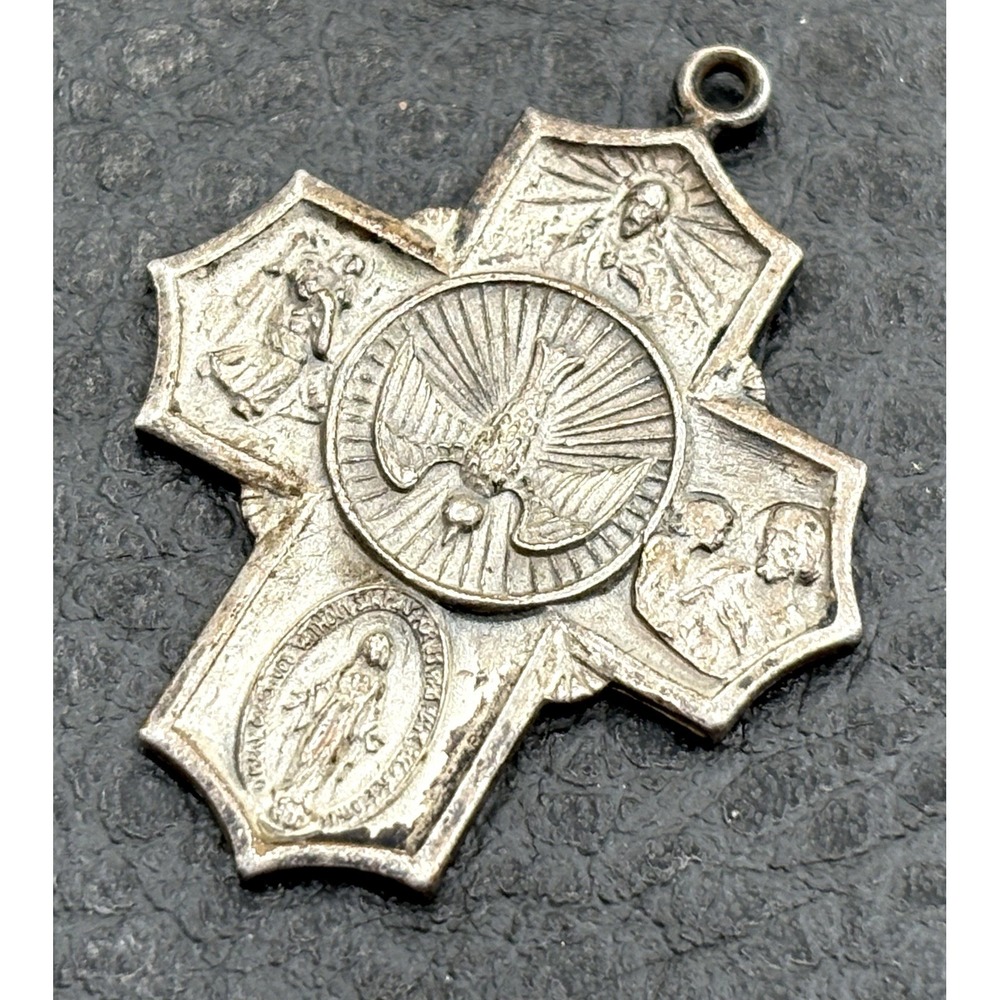 Vintage Holy Spirit Dove Four Way Cross Medal Pendant Religious Silver Tone